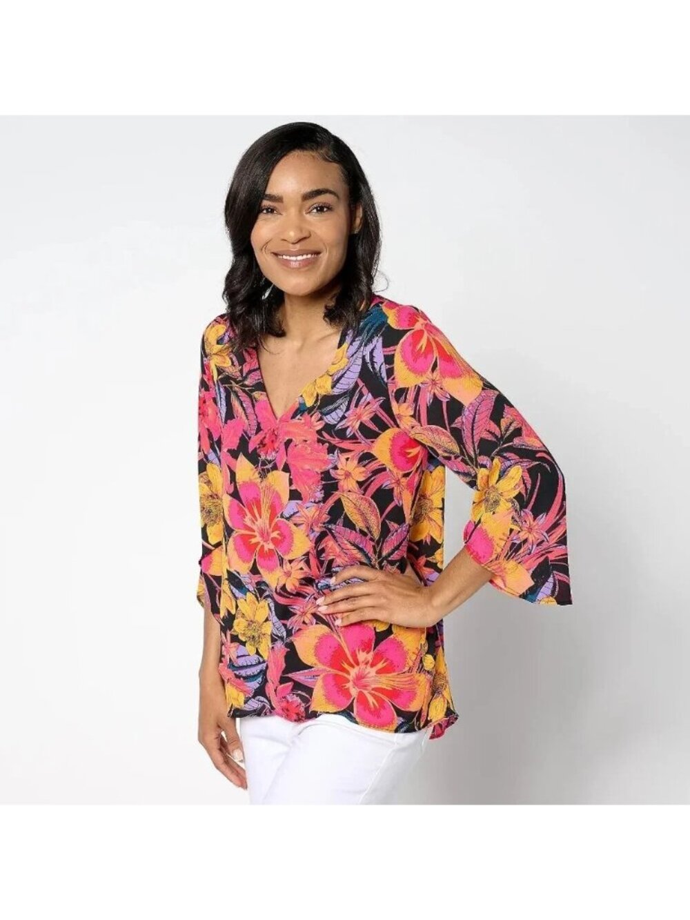 BEAUTIFUL by Lawrence Zarian Blouse sz L Paradise Printed V-Neck Black A646348